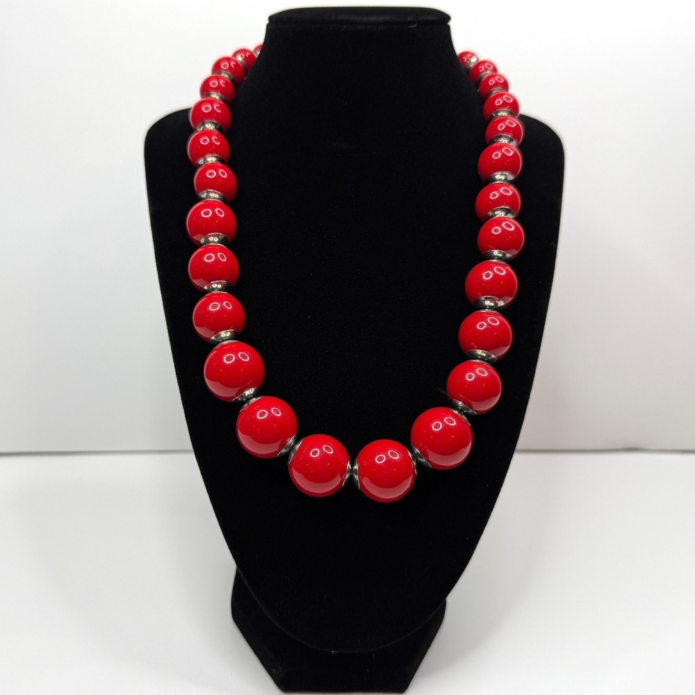 Statement Bold Acrylic Beads Necklace Silver Chain Accent Orange Red Jewelry